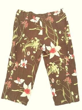 Cali Cali Women's Brown Floral Cargo Cropped 100% Linen Pants - Medium